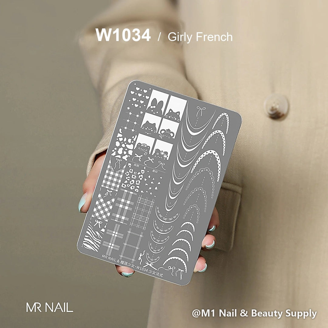 Mr Nail W1034 transfer printing steel plate, Girly French design, nail stamping plate