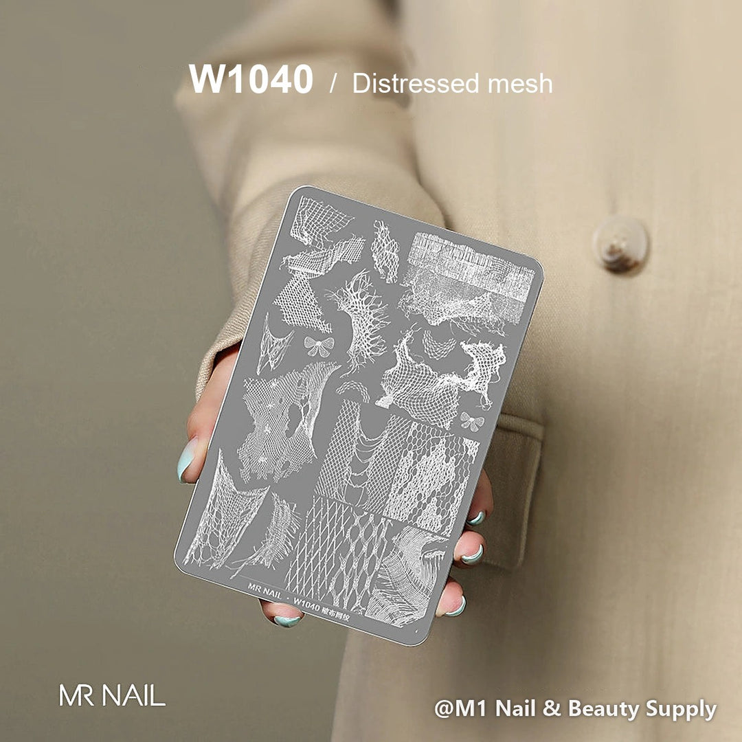 Mr Nail W1040 transfer printing steel plate, Distressed mesh design, nail stamping plate