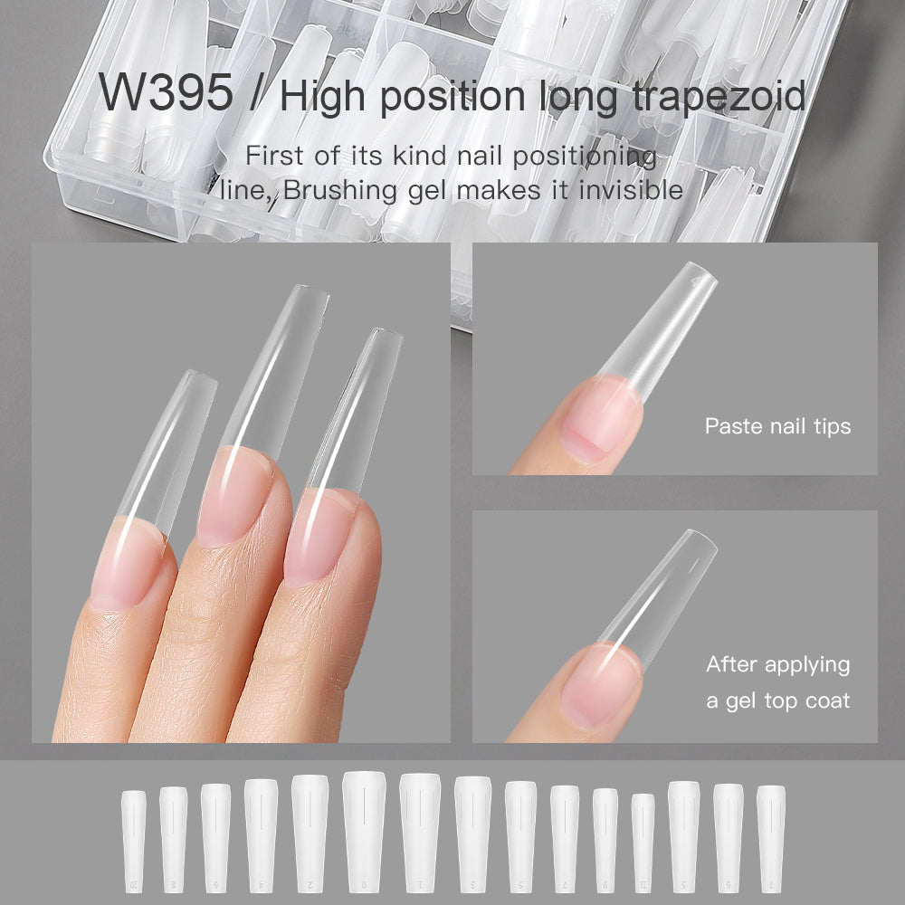Mr Nail W395 high-position long coffin (trapezoid) half-cover nail tips, 12 sizes, before and after gel top coat