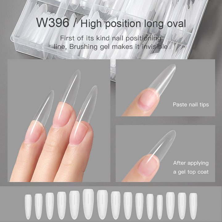 Mr Nail W396 high-position long oval half-cover nail tips, 12 sizes, before and after gel top coat