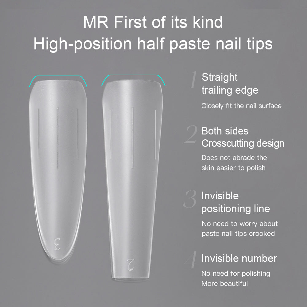 Mr Nail high-position half-cover nail tips: straight trailing edge, bevelled sides, invisible positioning line and size number