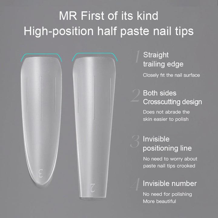 Mr Nail high-position half-cover nail tips: straight trailing edge, bevelled sides, invisible positioning line and size number