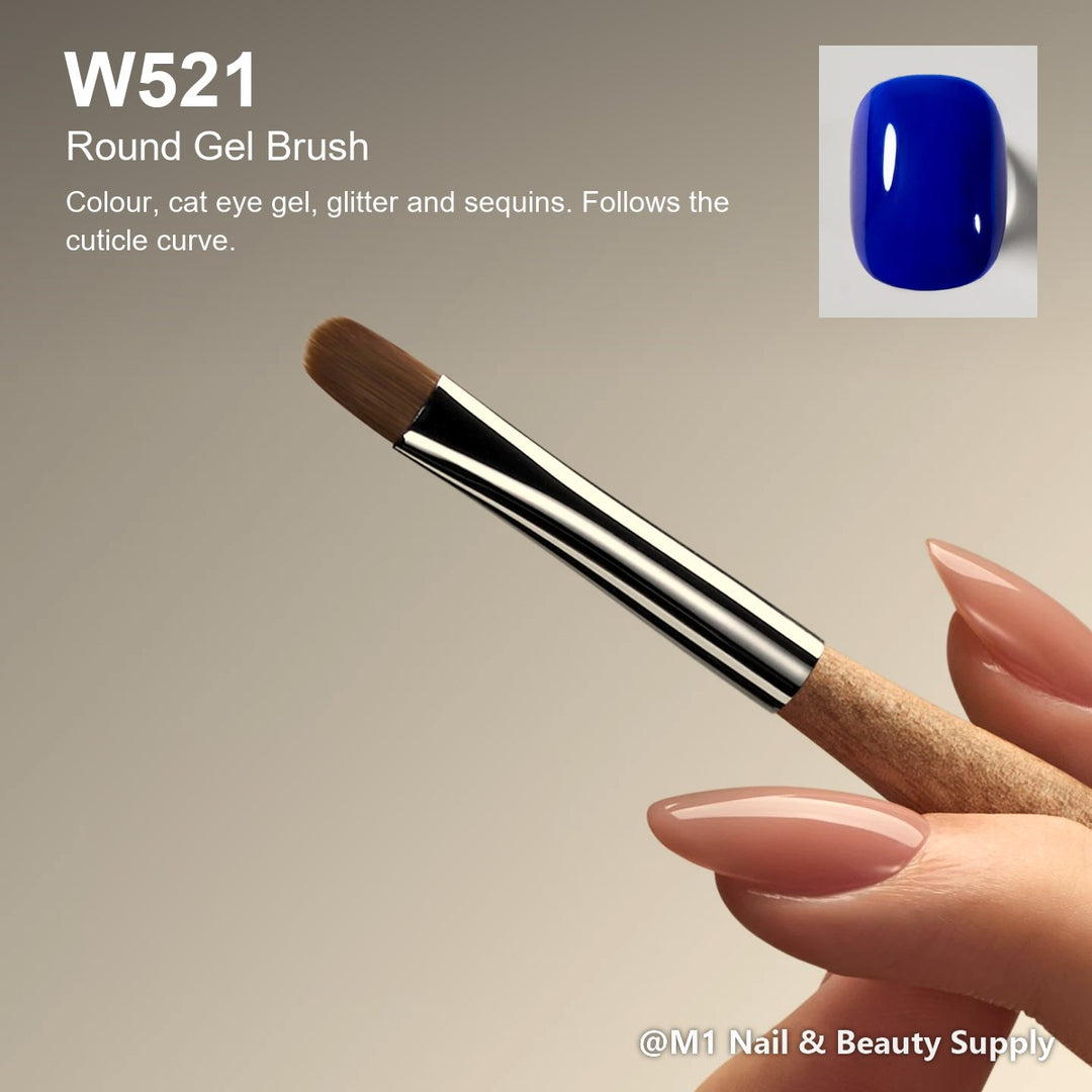 Mr Nail W521 Round Gel Brush, Natural Series: Colour, cat eye gel, glitter and sequins. Follows the cuticle curve.
