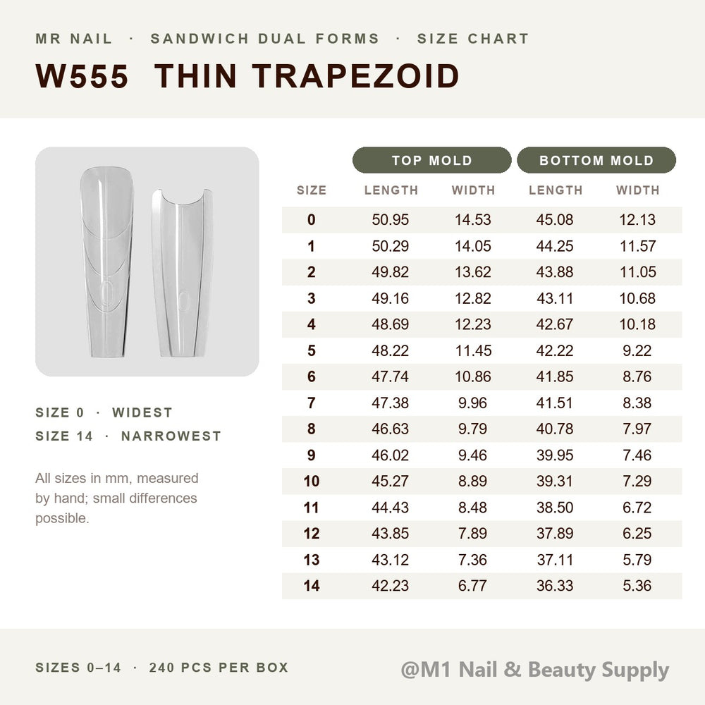 Mr Nail W555 thin trapezoid sandwich dual forms size chart, sizes 0-14, top and bottom mold length and width in mm, 240 pcs per box