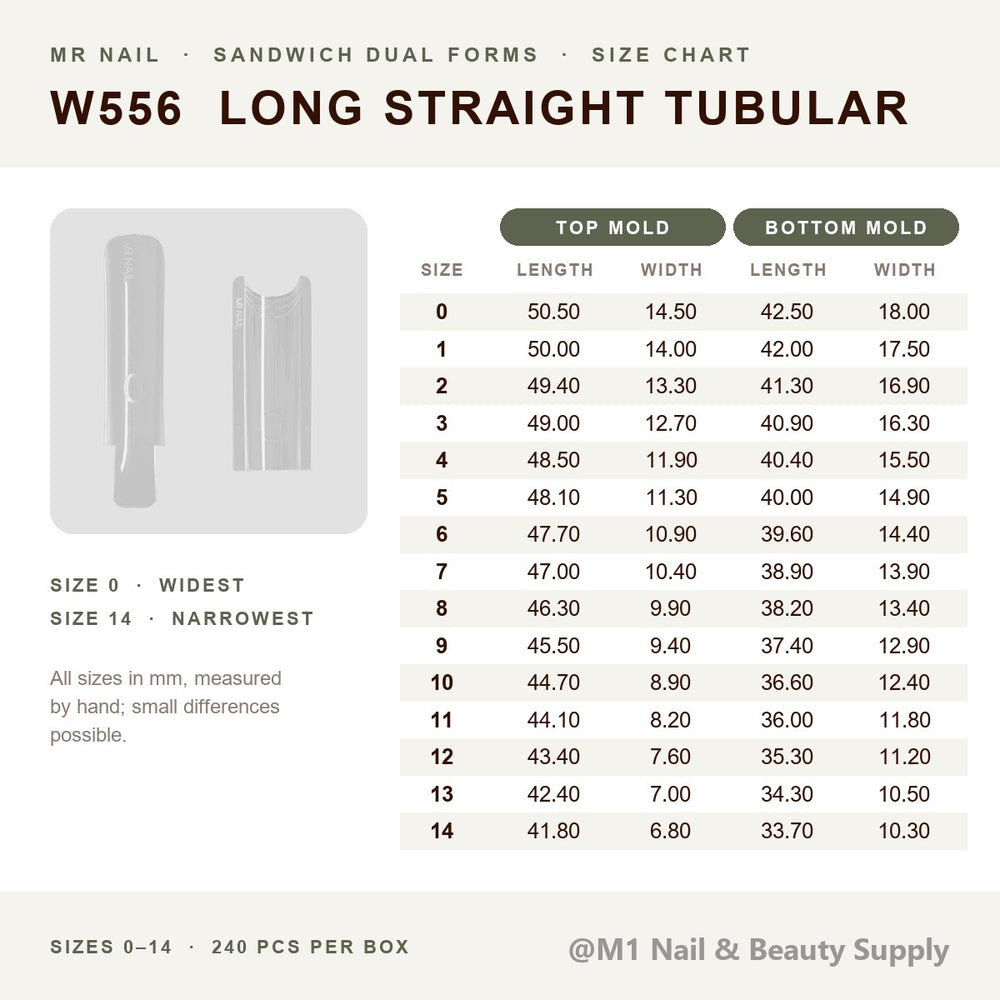 Mr Nail W556 long straight tubular sandwich dual forms size chart, sizes 0-14, top and bottom mold length and width in mm, 240 pcs per box