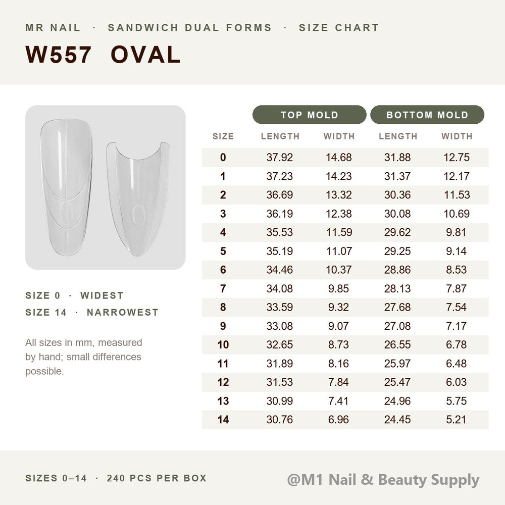 Mr Nail W557 oval sandwich dual forms size chart, sizes 0-14, top and bottom mold length and width in mm, 240 pcs per box