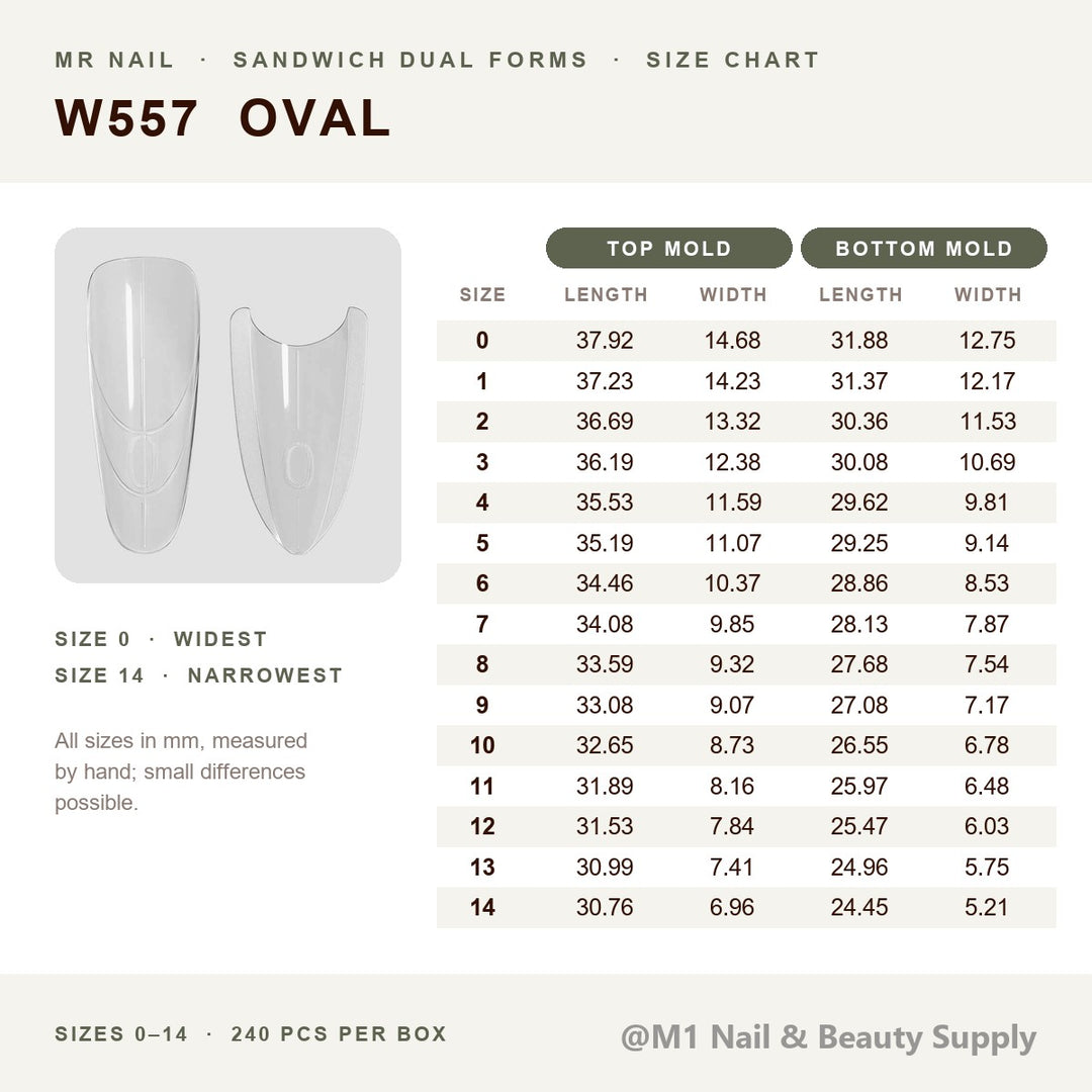 Mr Nail W557 oval sandwich dual forms size chart, sizes 0-14, top and bottom mold length and width in mm, 240 pcs per box