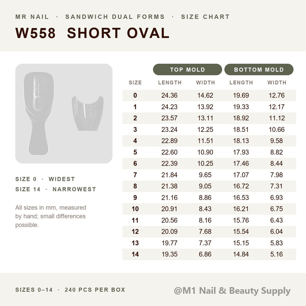 Mr Nail W558 short oval sandwich dual forms size chart, sizes 0-14, top and bottom mold length and width in mm, 240 pcs per box