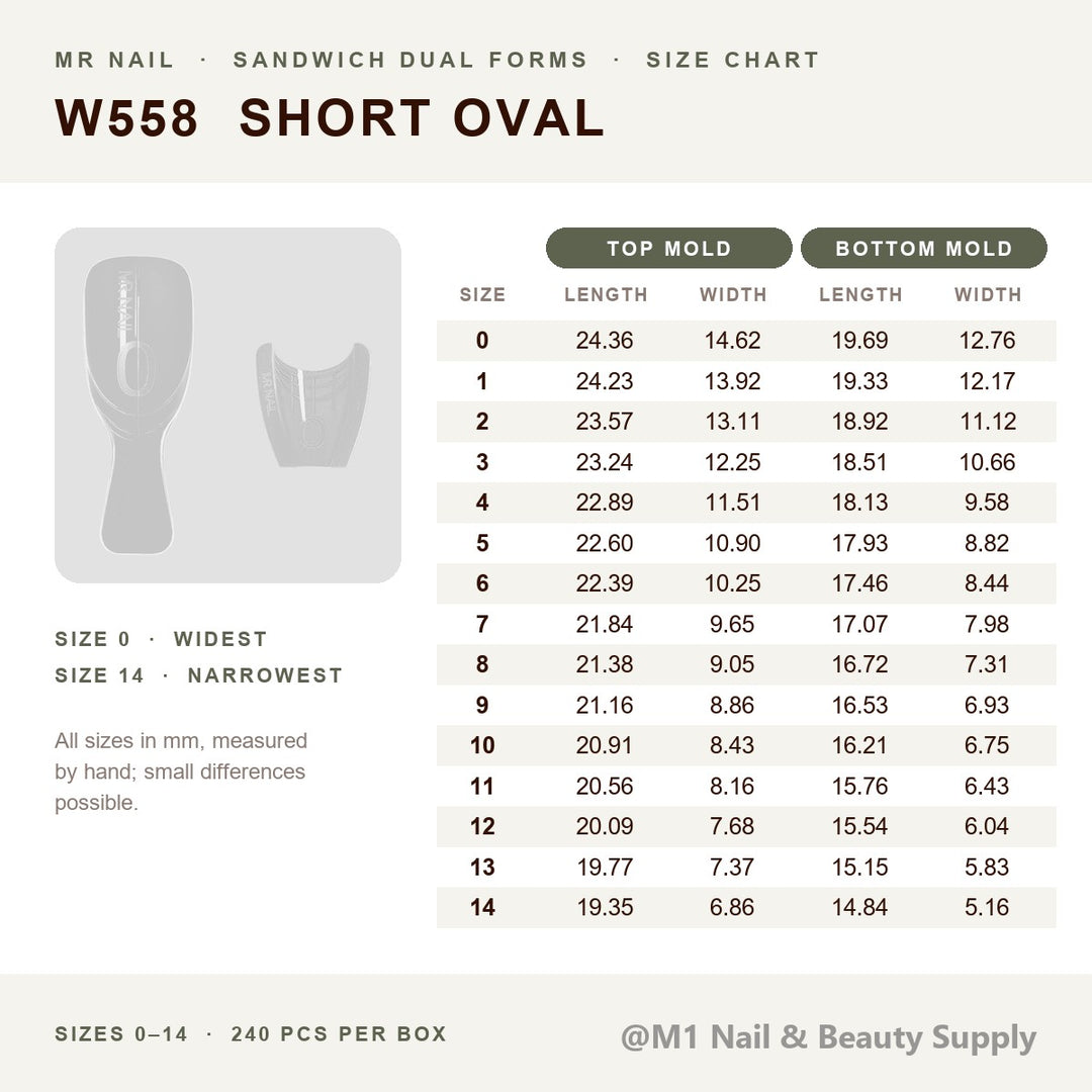 Mr Nail W558 short oval sandwich dual forms size chart, sizes 0-14, top and bottom mold length and width in mm, 240 pcs per box