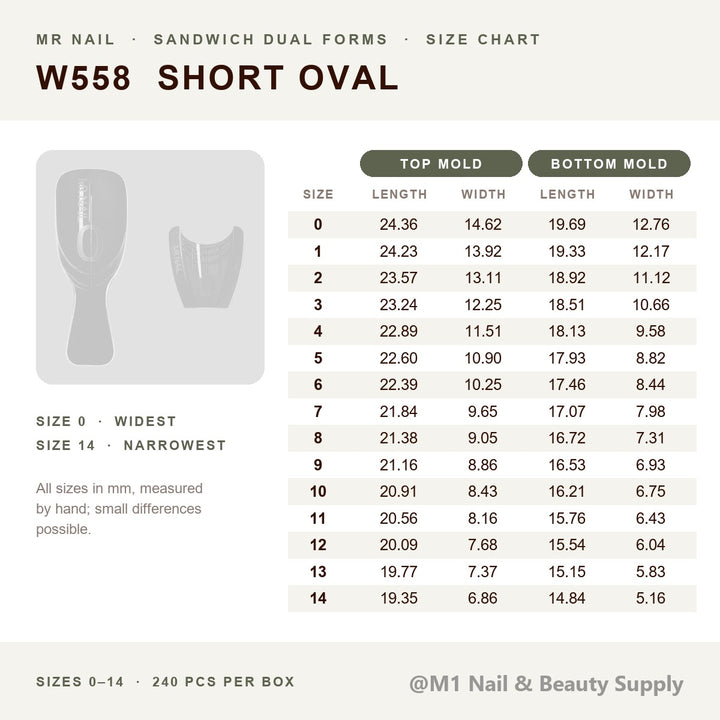 Mr Nail W558 short oval sandwich dual forms size chart, sizes 0-14, top and bottom mold length and width in mm, 240 pcs per box
