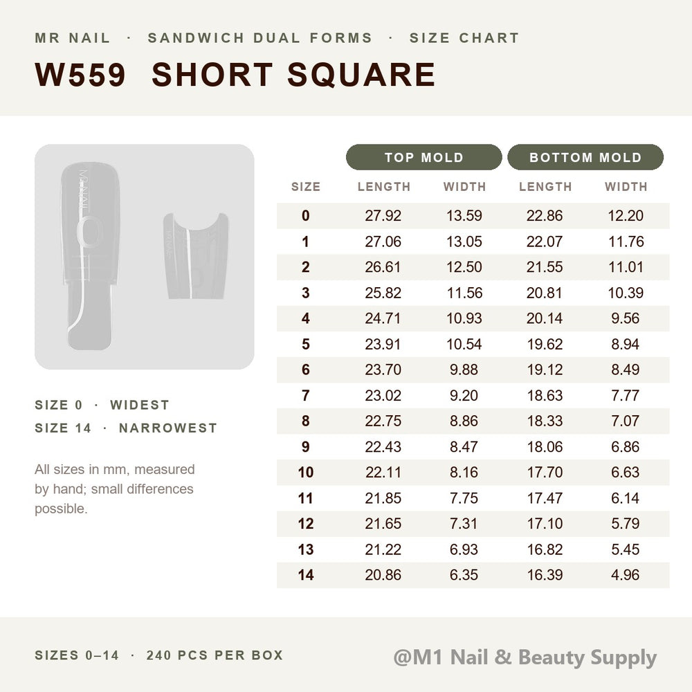 Mr Nail W559 short square sandwich dual forms size chart, sizes 0-14, top and bottom mold length and width in mm, 240 pcs per box