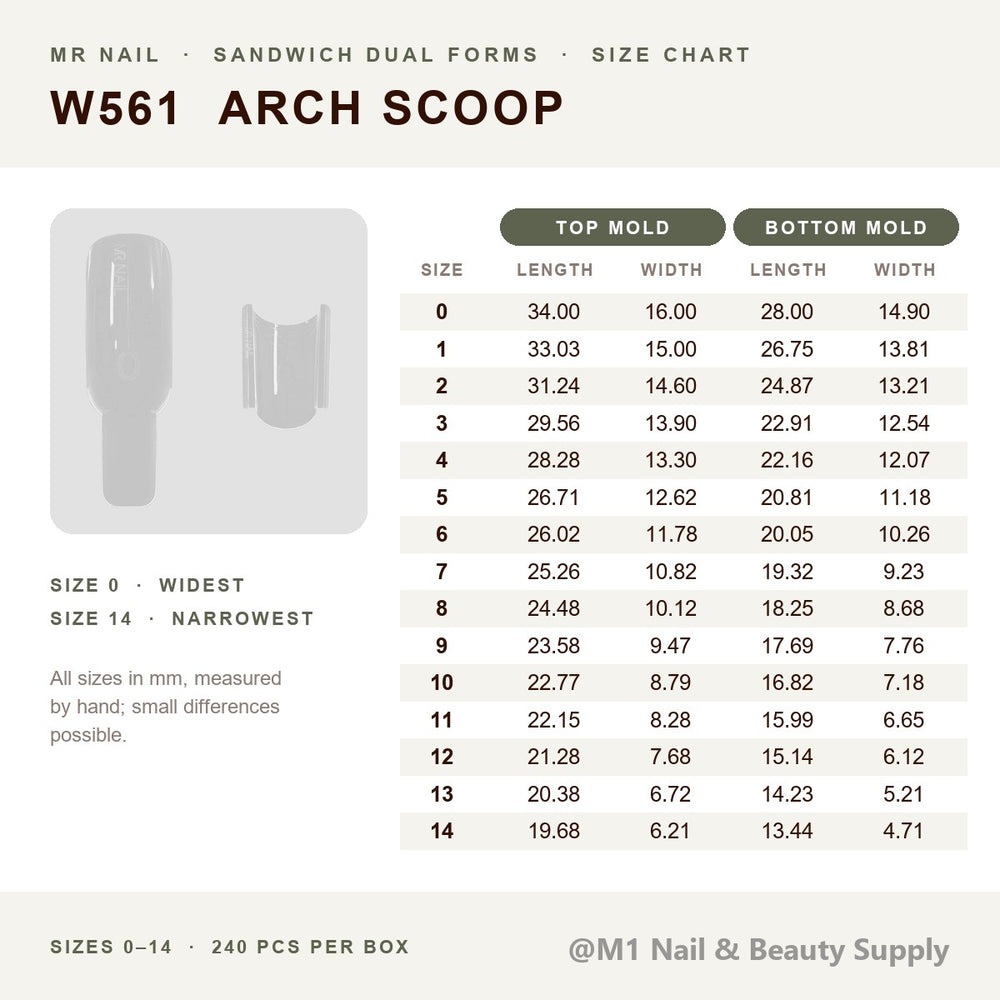 Mr Nail W561 arch scoop sandwich dual forms size chart, sizes 0-14, top and bottom mold length and width in mm, 240 pcs per box