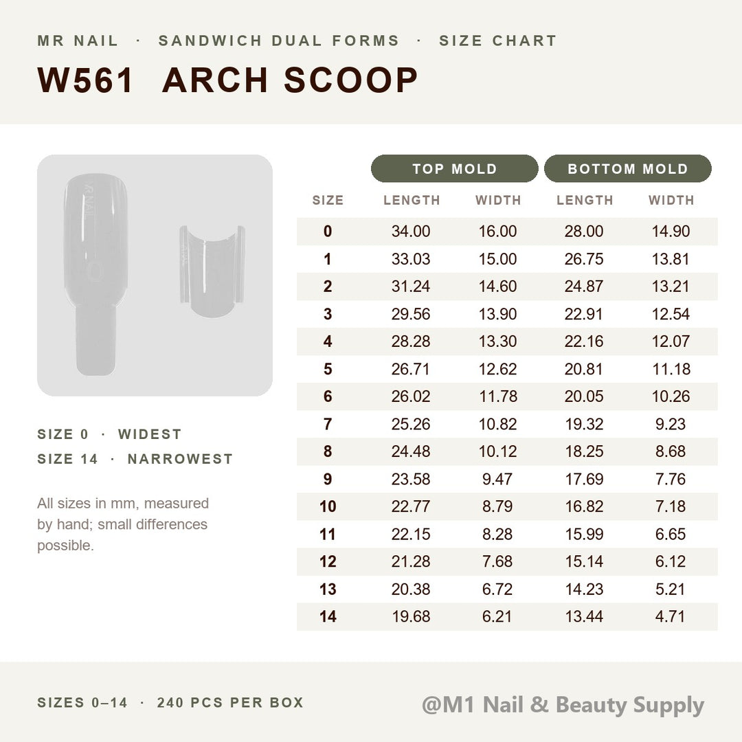 Mr Nail W561 arch scoop sandwich dual forms size chart, sizes 0-14, top and bottom mold length and width in mm, 240 pcs per box