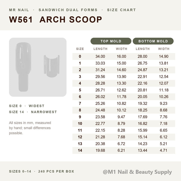Mr Nail W561 arch scoop sandwich dual forms size chart, sizes 0-14, top and bottom mold length and width in mm, 240 pcs per box