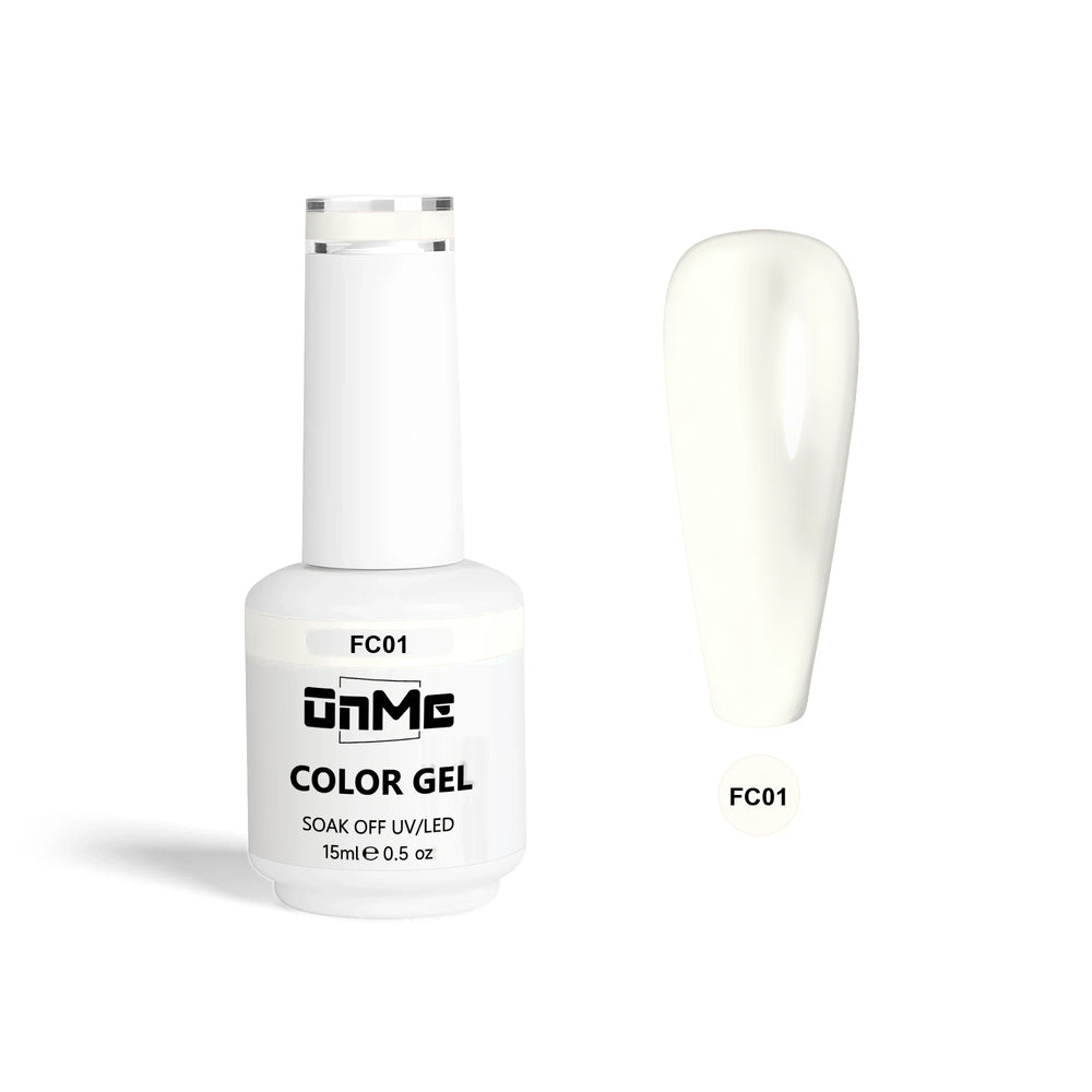 ONME FC Collection gel polish FC01, milky white, crème, 15 ml bottle with nail swatch