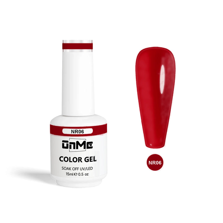 ONME NR Collection gel polish NR06, deep cherry, 15 ml bottle with nail swatch