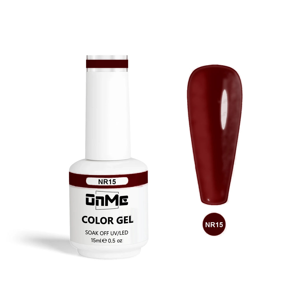 ONME NR Collection gel polish NR15, black cherry, 15 ml bottle with nail swatch