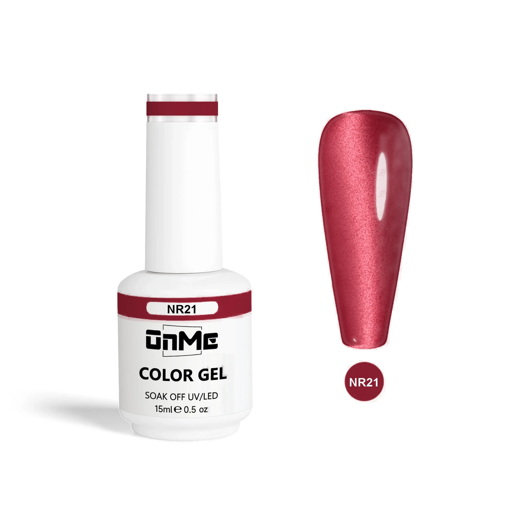 ONME NR Collection gel polish NR21, rosy red cat eye, 15 ml bottle with nail swatch