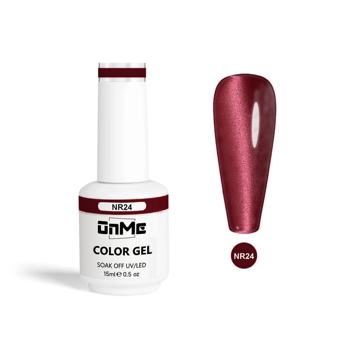 ONME NR Collection gel polish NR24, black cherry cat eye, 15 ml bottle with nail swatch