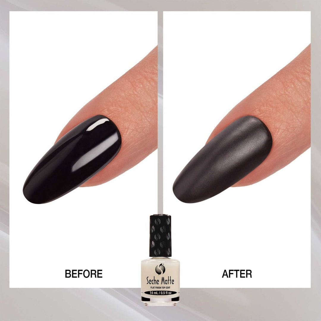 Seche Matte Flat Finish Top Coat 哑光 Top Coat：黑色指甲油使用前后对比：亮面变哑光