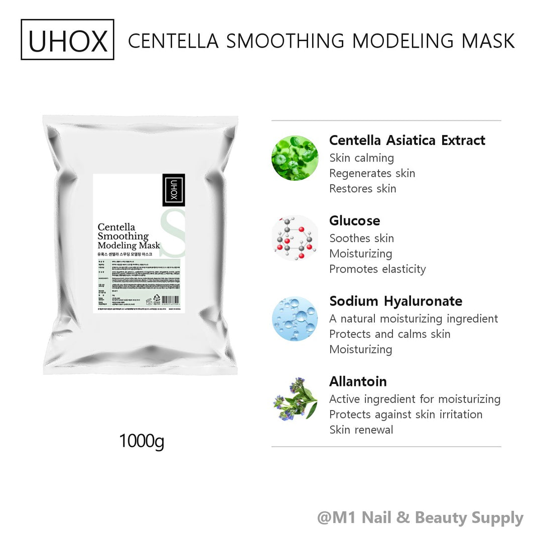Uhox Centella Smoothing Modeling Mask Powder 1 kg, Case of 20 bags, Uhox catalogue card with key ingredients (English)
