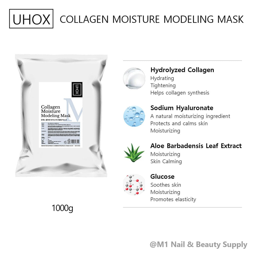 Bột mặt nạ dẻo Uhox Collagen Moisture 1 kg, Thùng 20 túi, trang catalogue Uhox: thành phần chính (tiếng Anh)