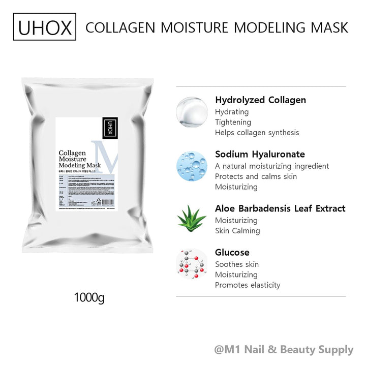 Bột mặt nạ dẻo Uhox Collagen Moisture 1 kg, Thùng 20 túi, trang catalogue Uhox: thành phần chính (tiếng Anh)