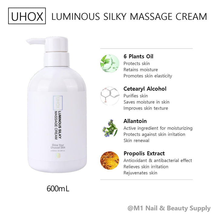 Uhox Luminous Silky Massage Cream 600 ml, Uhox catalogue card with key ingredients (English)