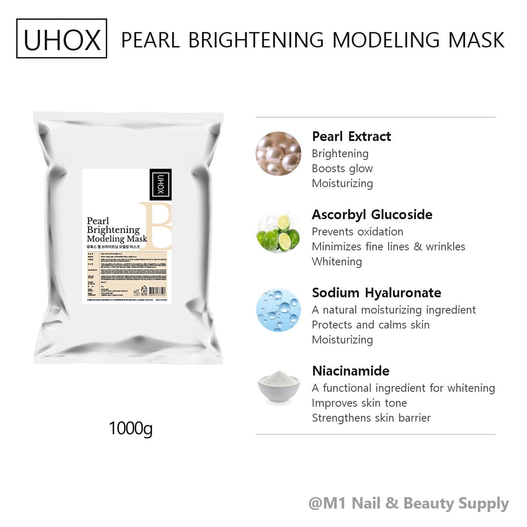 Uhox Pearl Brightening Modeling Mask Powder 1 kg, Uhox catalogue card with key ingredients (English)
