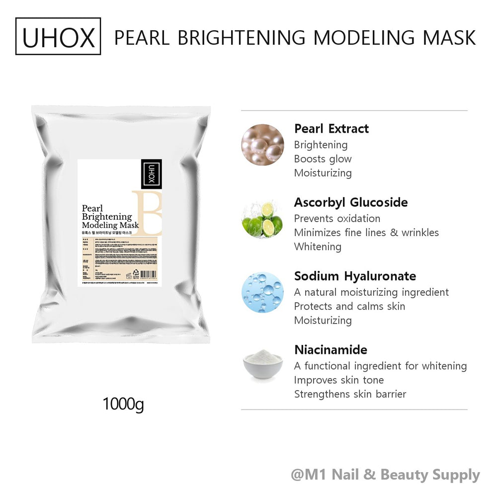 Uhox Pearl Brightening Modeling Mask Powder 1 kg, Case of 20 bags, Uhox catalogue card with key ingredients (English)