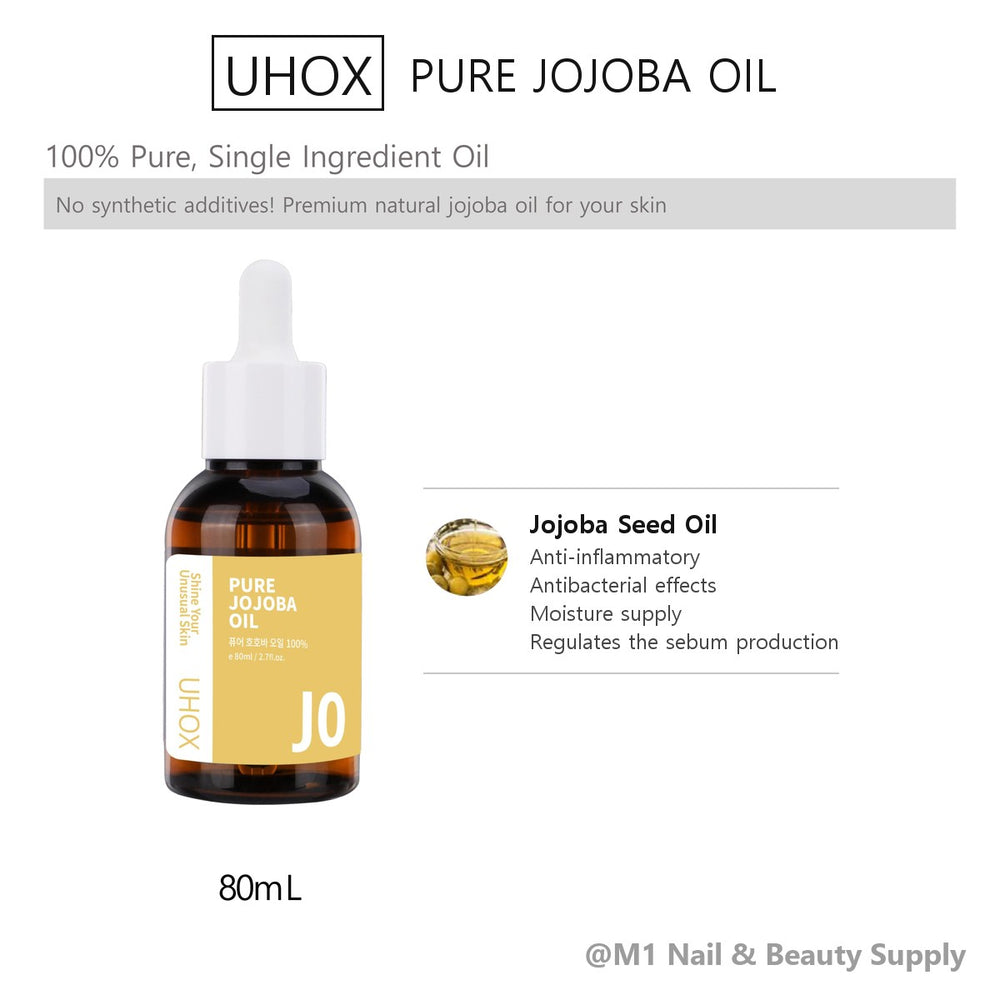 Uhox Pure Jojoba Oil 80 ml, Uhox catalogue card with key ingredients (English)
