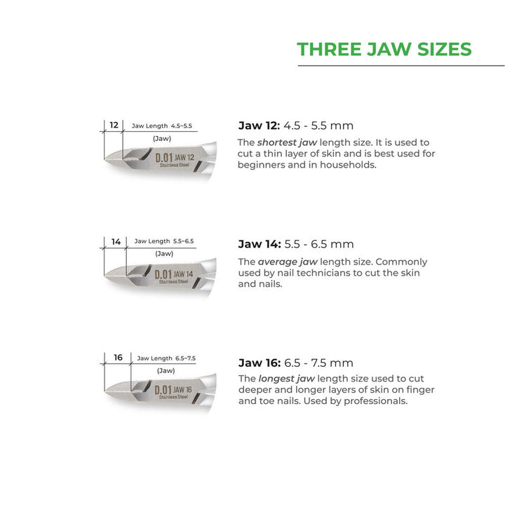 NGHIA D-03 cuticle nipper jaw sizes 12, 14 and 16 compared