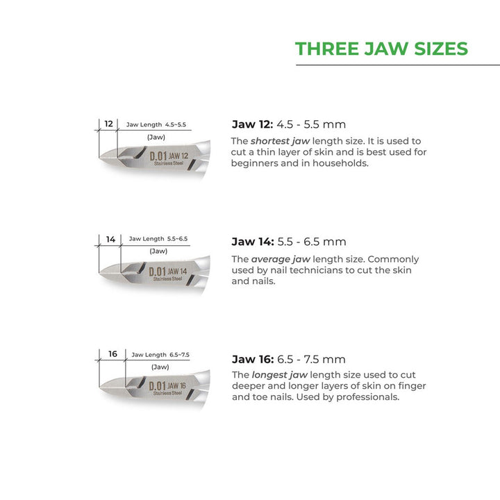 NGHIA D-06 cuticle nipper jaw sizes 12, 14 and 16 compared