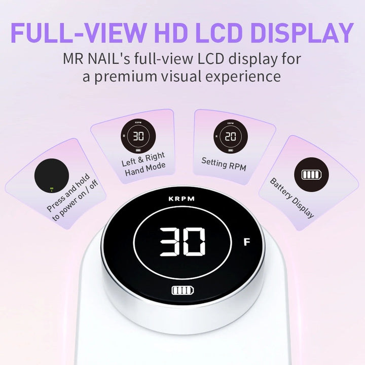 Mr Nail 2nd Gen drill full-view LCD: power, left/right-hand mode, speed setting, battery level
