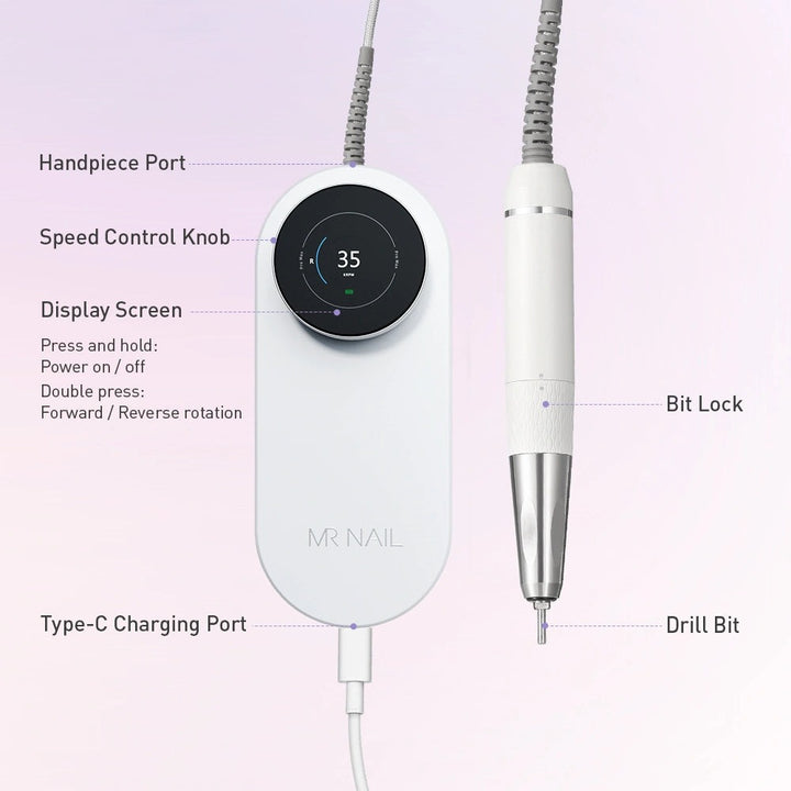 Mr Nail 2nd Gen drill parts: handpiece port, speed control knob, display, bit lock, Type-C charging port