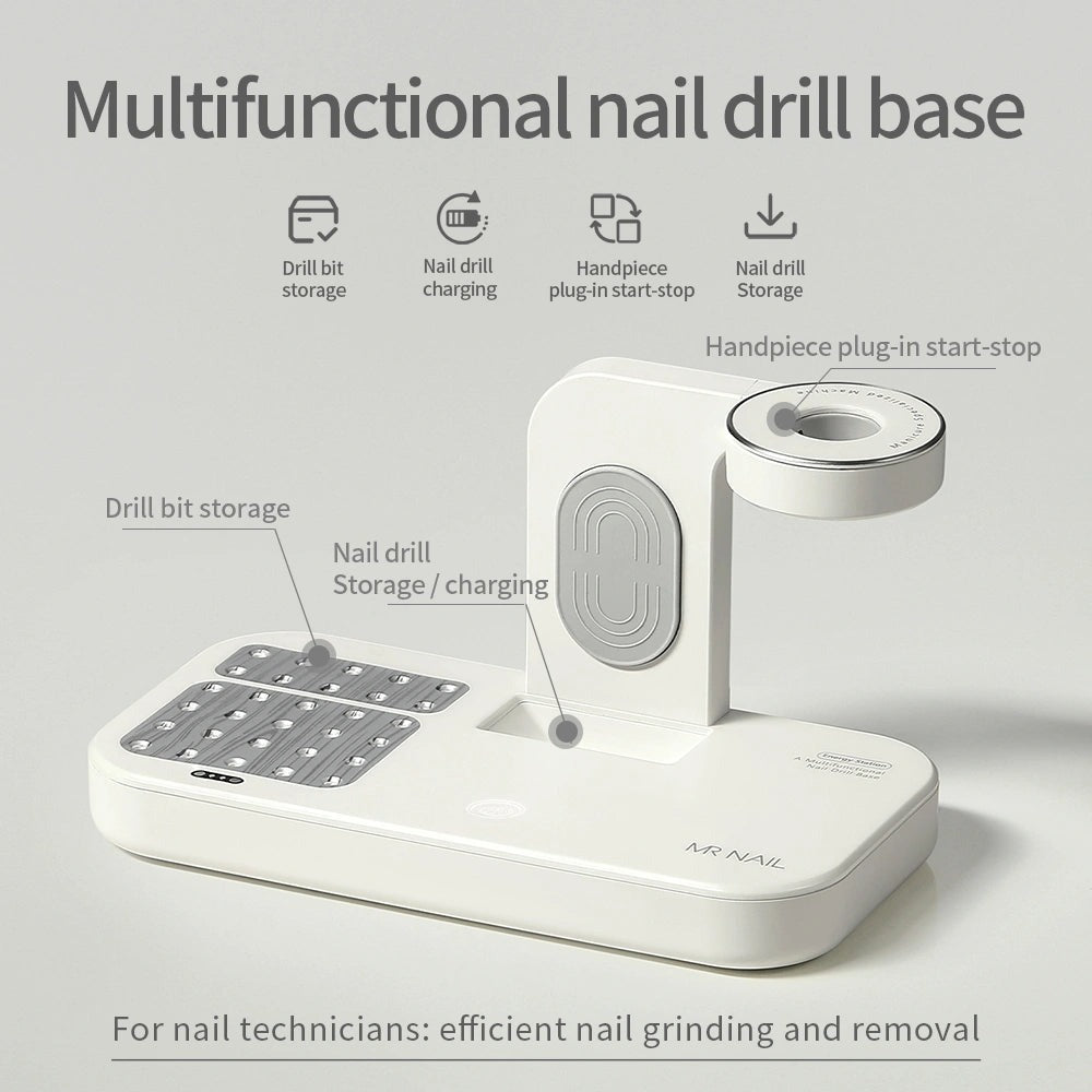 Mr Nail W904 base functions: drill bit storage, nail drill charging, handpiece plug-in start-stop, drill storage