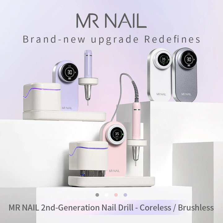 Mr Nail 2nd Gen nail drill family: Pro (coreless) and Pro Max (brushless) in several colours