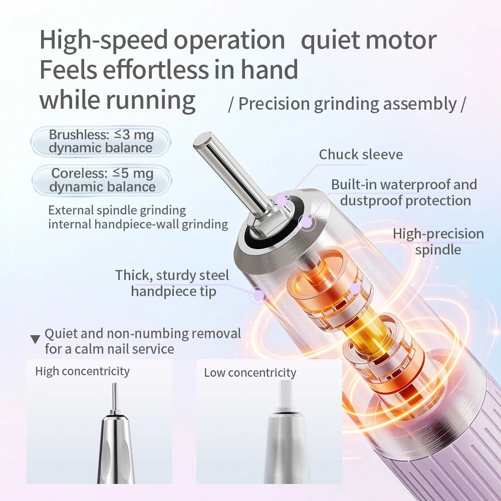 Mr Nail 2nd Gen precision grinding assembly: brushless ≤3 mg vs coreless ≤5 mg dynamic balance, sealed handpiece tip