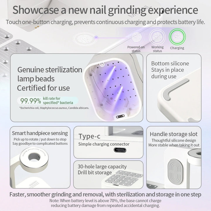 Mr Nail W904 base features: one-touch charging, UV sterilizer lamp beads, silicone feet, handpiece sensing, 30-hole bit storage