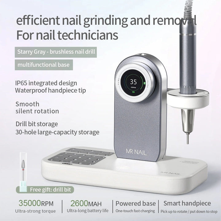 Mr Nail 2nd Gen Pro Max starry gray on the multifunctional base: 35,000 RPM, 2,600 mAh, IP65 handpiece