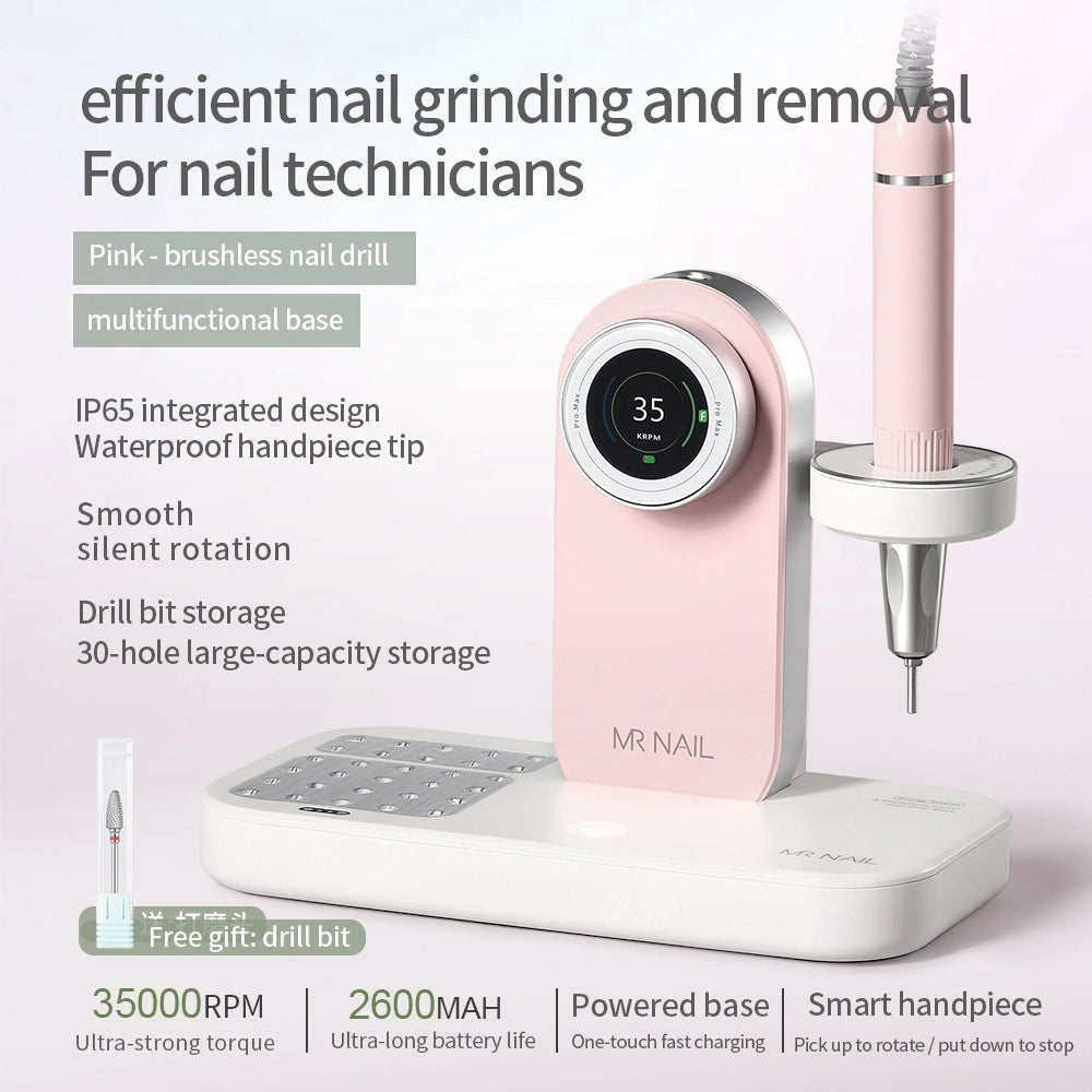 Mr Nail 2nd Gen Pro Max pink on the multifunctional base: 35,000 RPM, 2,600 mAh, IP65 handpiece
